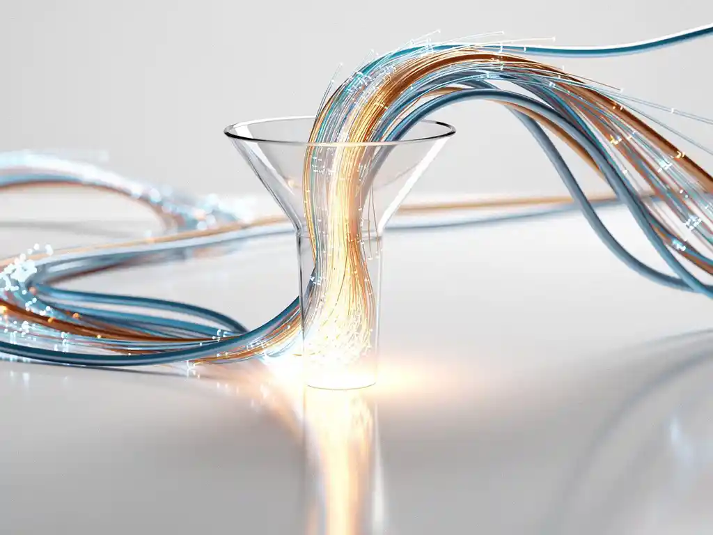 fiber-optic-data-funnel-cables.jpg Glowing fiber-optic cables in blue and amber tones funneling into a glass cone on a white desk, symbolizing data consolidation.