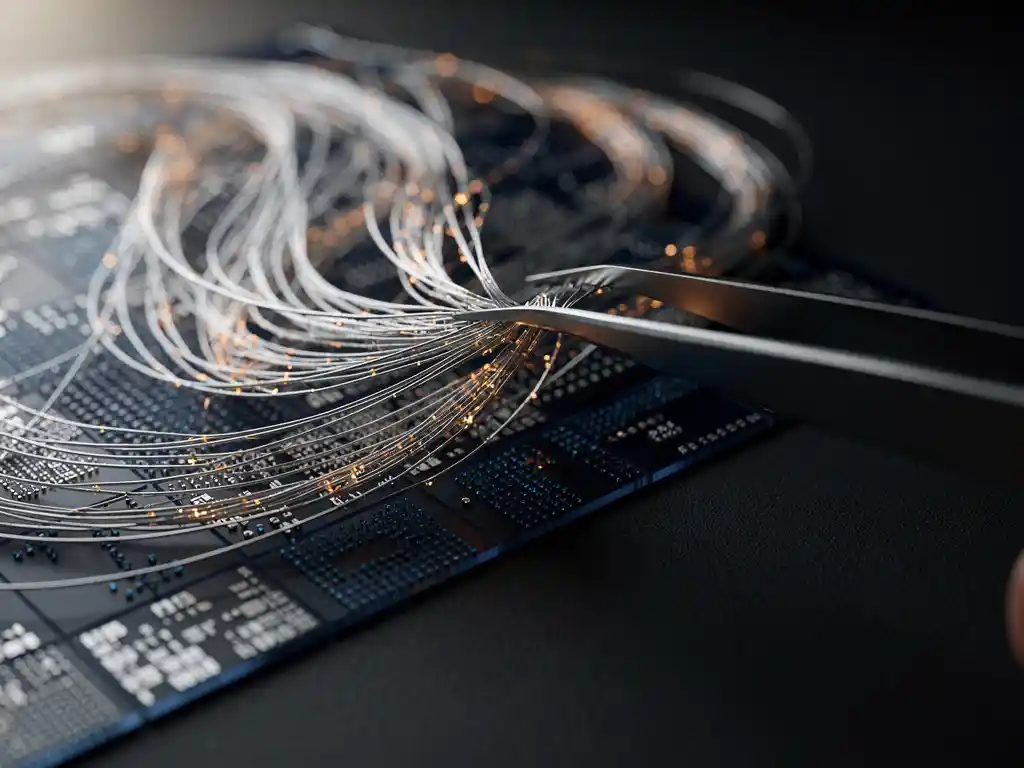 Metal tweezers extracting glowing fiber-optic threads from a translucent data mesh on a dark navy desk with amber accent lighting.