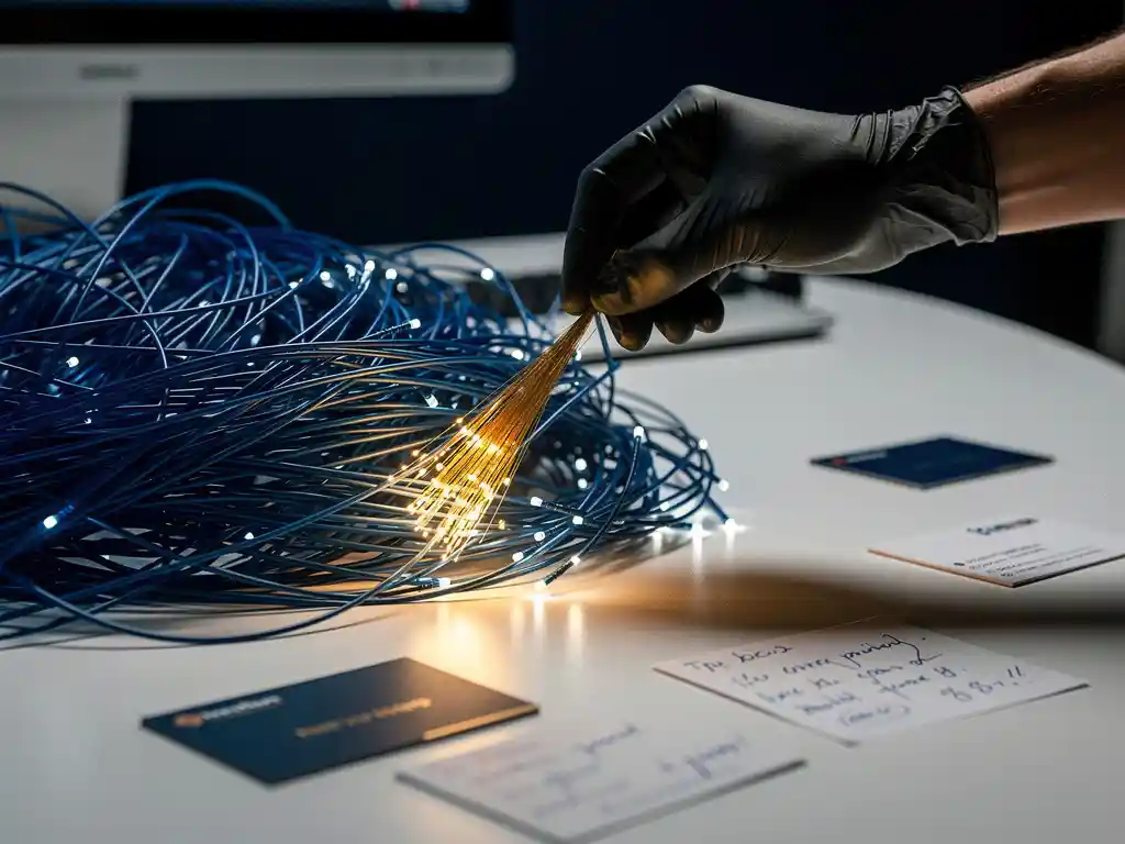 Gloved hand extracting a single glowing golden fiber-optic thread from a dense illuminated cable bundle on a white desk.
