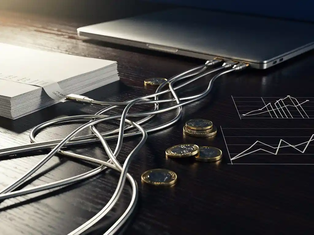 financial-data-cables-stock-documents-laptop.jpg Silver data cables connecting financial documents, stock ticker printouts, and a laptop on a dark oak desk with scattered coins and a graph chart.
