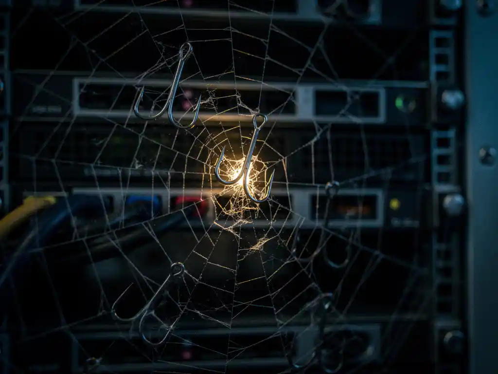 Sharp metallic fishhooks tangled in a spider web stretched across a dark server rack, one hook illuminated by a narrow shaft of light.