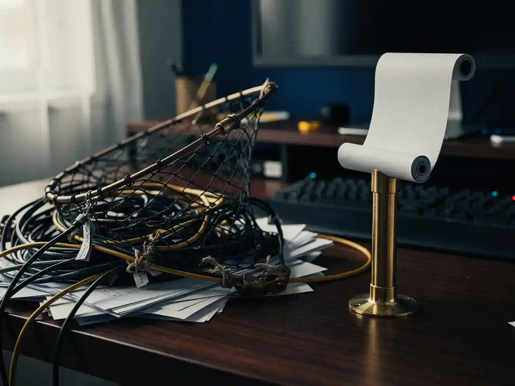 Mechanical fishing net cast over tangled cables and papers beside a brass pipe emitting a clean scroll, on a dark oak desk.