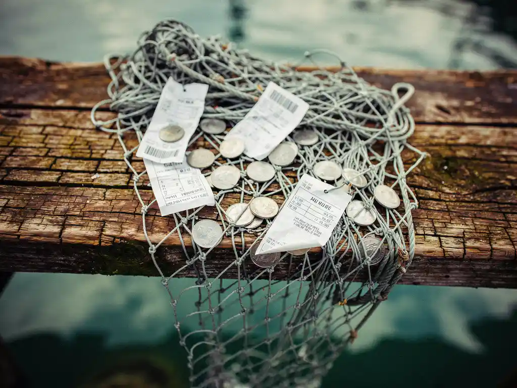 Tangled fishing net on a weathered dock trapping coins, receipts, and price tags above murky harbor water.