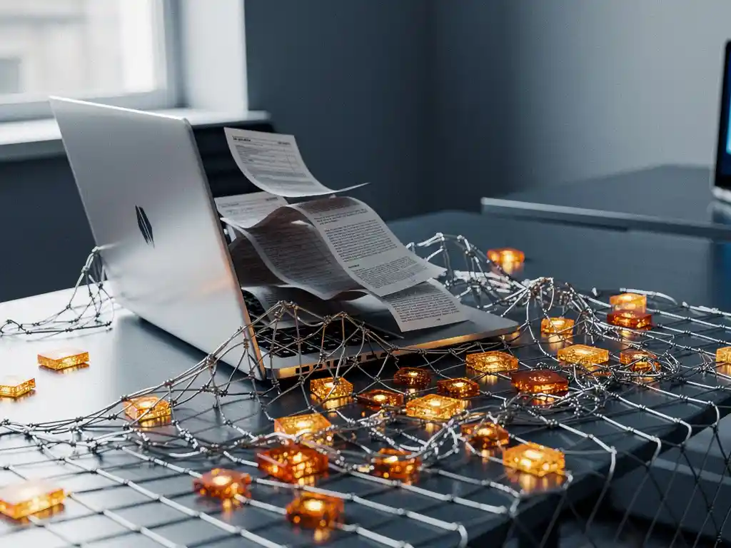Metallic fishing net draped over a modern desk, tangling glowing amber data chips and documents spilling from a laptop.