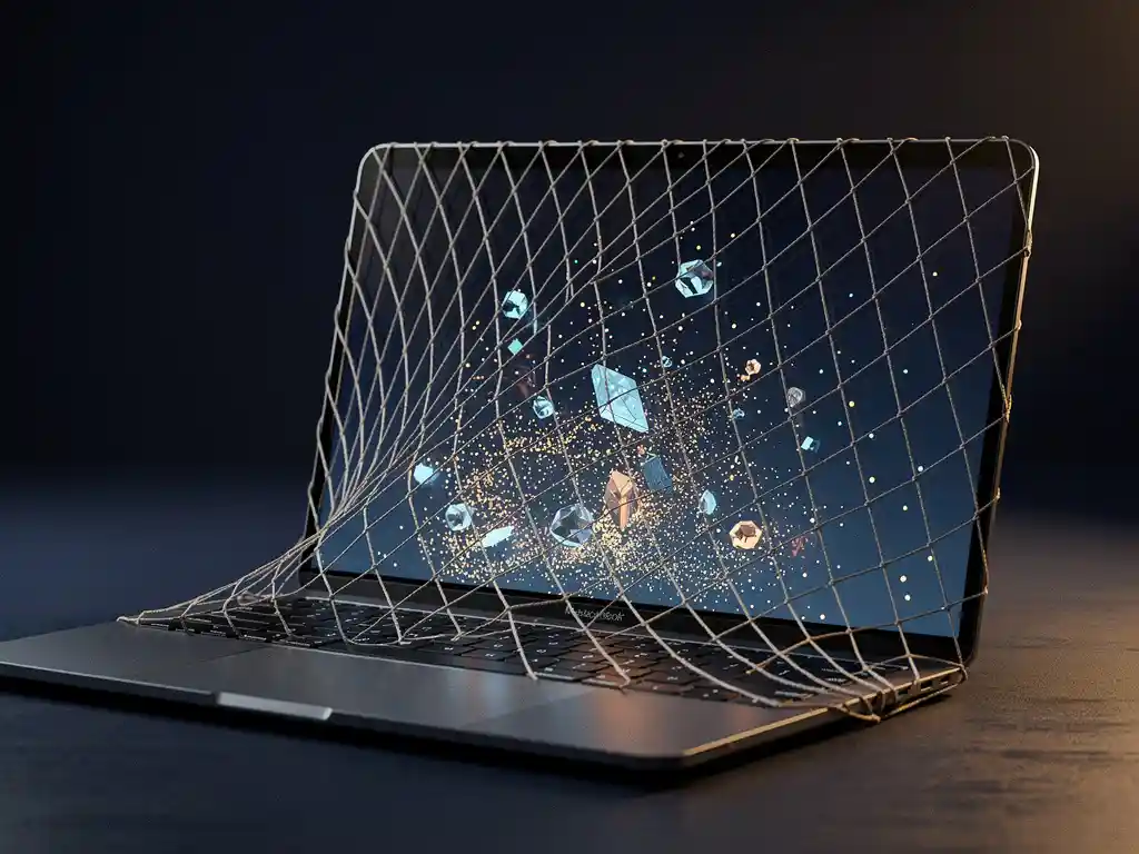 Fine-mesh fishing net stretched over a glowing laptop screen, catching luminous data fragments, shot in deep navy and amber tones.