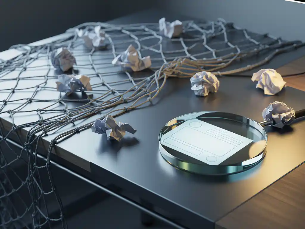 fishing-net-data-collection-organized-desk.jpg Fishing net draped over a modern desk gathering crumpled paper scraps, beside a magnifying lens focused on a single organized document.