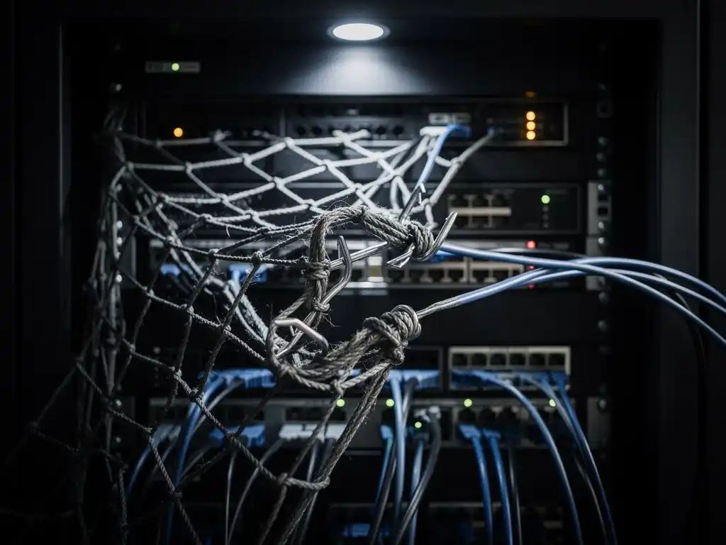 Tangled fishing net draped over a server rack with metal hooks snagging cables in a dimly lit data center.