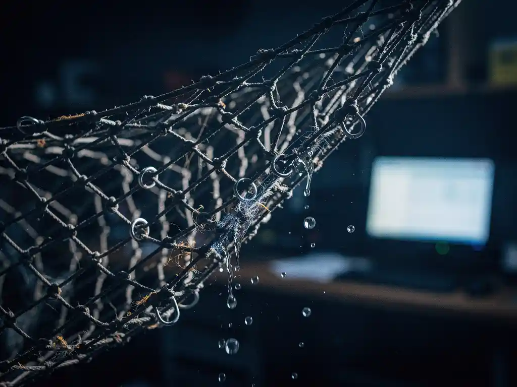 Tangled fishing net suspended mid-air catching water droplets in motion, some slipping through mesh, dramatic navy and amber side lighting.