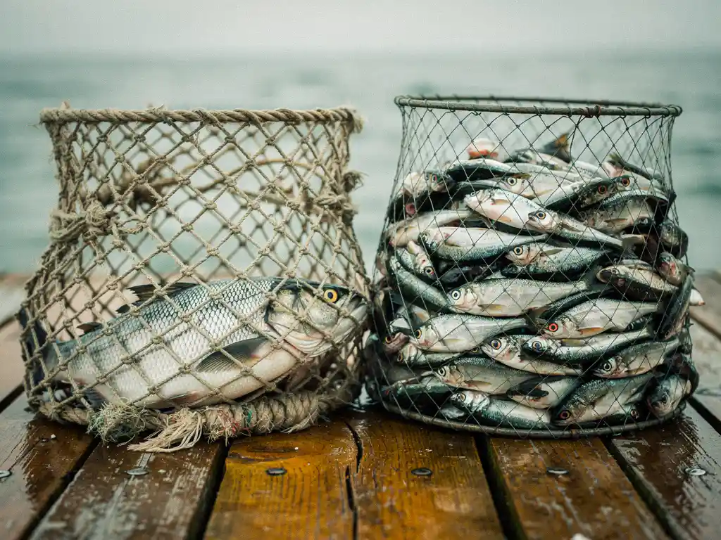 Two fishing nets on a weathered dock: coarse mesh holding one large fish beside a fine-weave net densely packed with small fish.