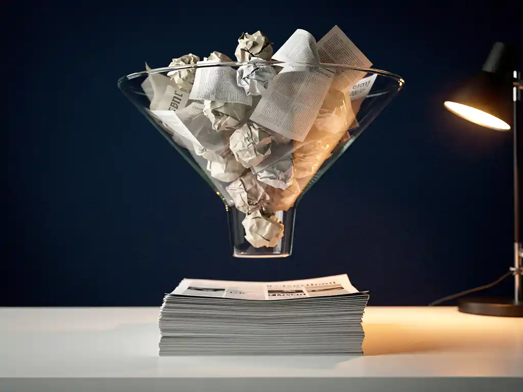 content-aggregation-funnel-organized-documents.jpg Glass funnel organizing scattered paper documents and news clippings into a neat stack on a modern minimalist desk.
