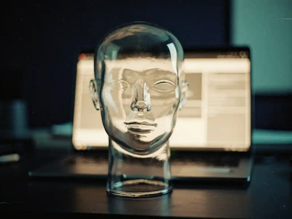glass-mannequin-head-laptop-workspace.jpg Transparent glass mannequin head reflecting a glowing laptop screen in a dark developer workspace with navy and teal tones.