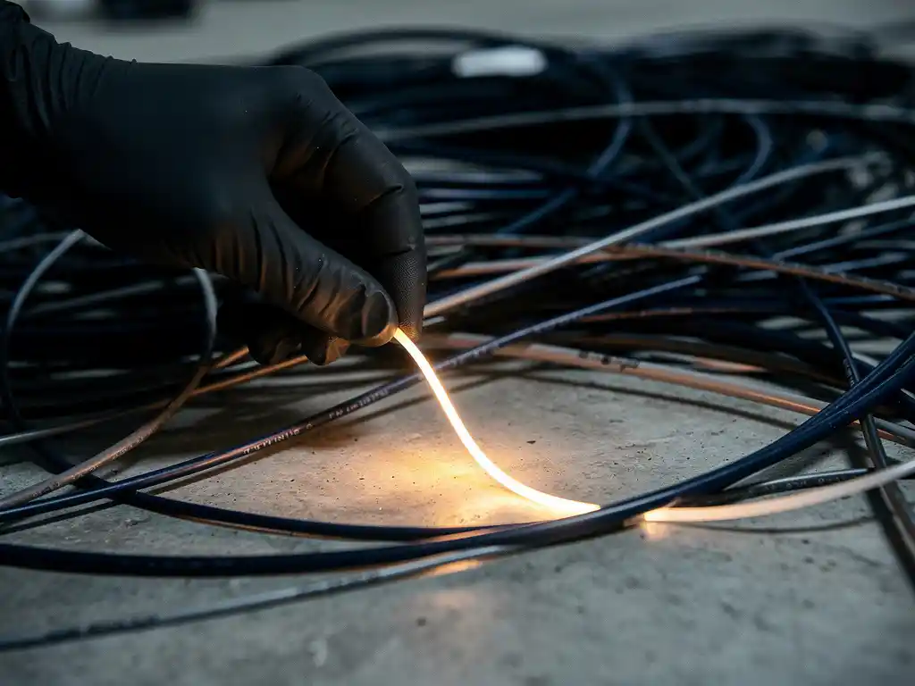 Gloved hand pulling a single glowing amber thread from a dense tangle of cables on concrete, symbolizing clarity amid complexity.