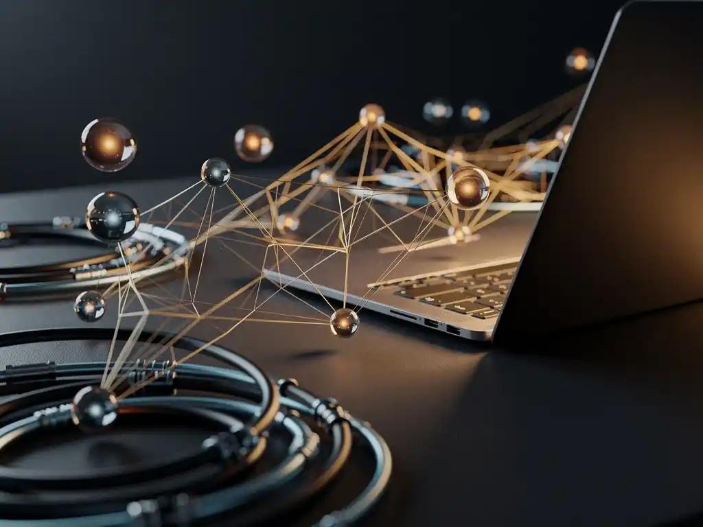 Golden spider silk threads weaving between data nodes on a dark desk, with an open laptop casting amber glow and coiled cables forming a web pattern.