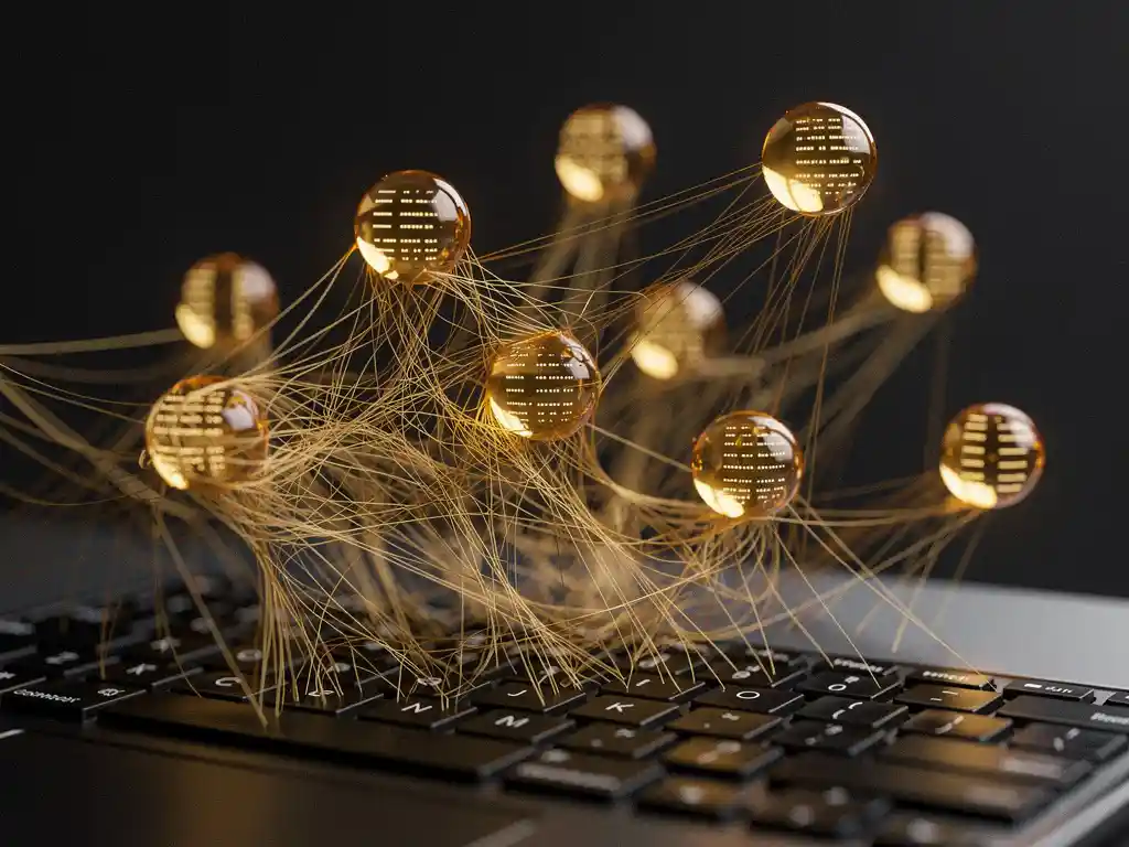 Golden spider silk threads weaving between amber data nodes above a black laptop keyboard, symbolizing AI-driven data connectivity.