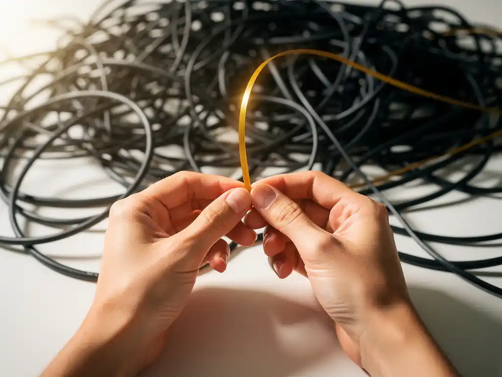 Hands pulling a glowing golden thread from a tangled mass of dark cables on a white desk, symbolizing clarity from complexity.