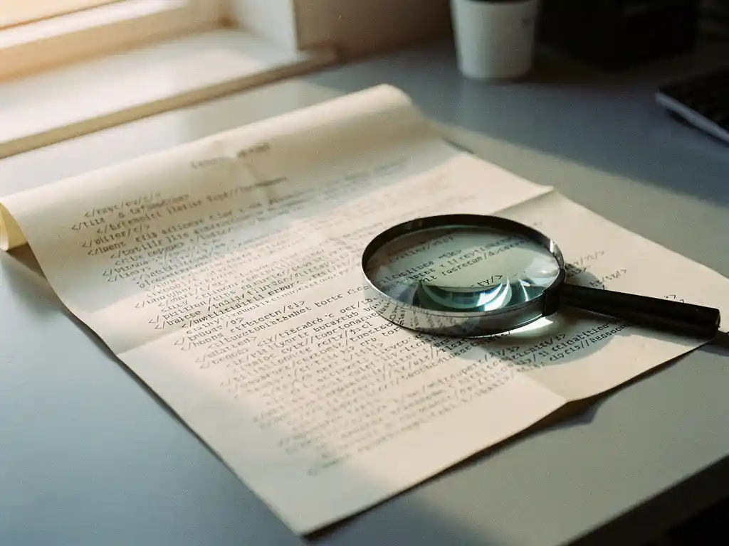 html-source-code-structure-analysis.jpg Raw HTML source code printed on cream paper being unfolded on a developer's desk, with a magnifying glass resting on structured document sections.