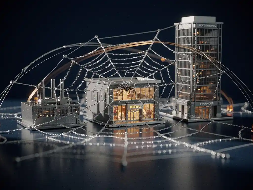 Dew-covered spider web connecting miniature industrial, retail, and financial buildings on a dark surface, symbolizing cross-sector data integration.
