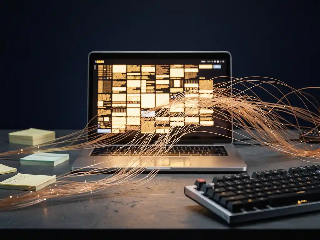 Glowing amber data threads extracted from a laptop displaying a job board grid on a developer's desk with sticky notes and mechanical keyboard.