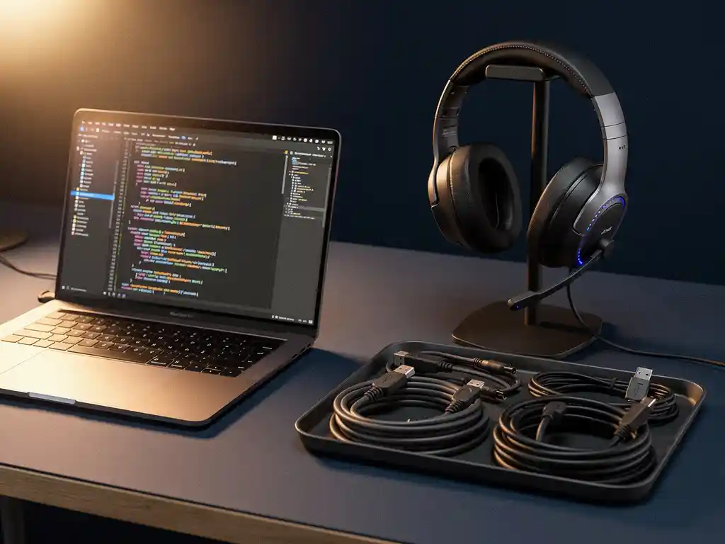 Laptop displaying custom code beside a service desk headset and organized data cables on a modern navy and amber workspace.