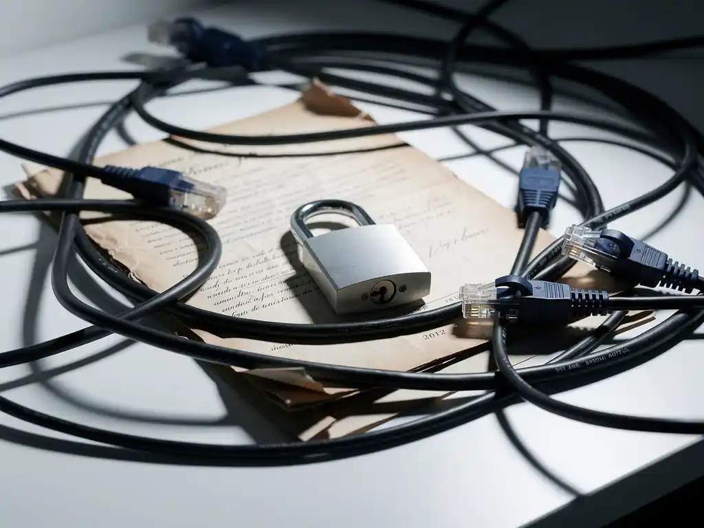 European legal document partially buried under tangled ethernet cables with a small padlock on top, symbolizing data privacy compliance.