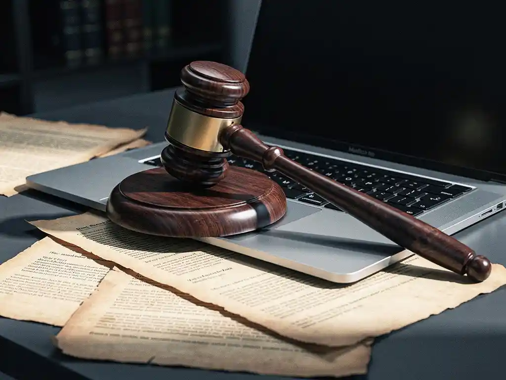 Wooden gavel resting on a laptop keyboard with printed web data sheets fanned across a law office desk.