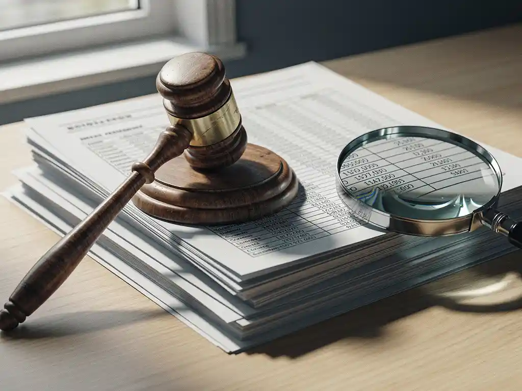 Wooden judge's gavel resting on printed web pages and legal documents beside a magnifying glass revealing structured data rows.