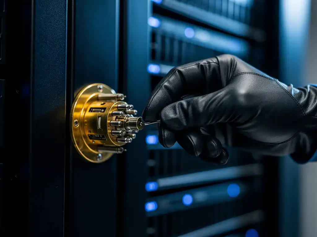 Gloved hand picking a brass mechanical lock on a server rack, steel pins exposed, illuminated by blue LED ambient light.