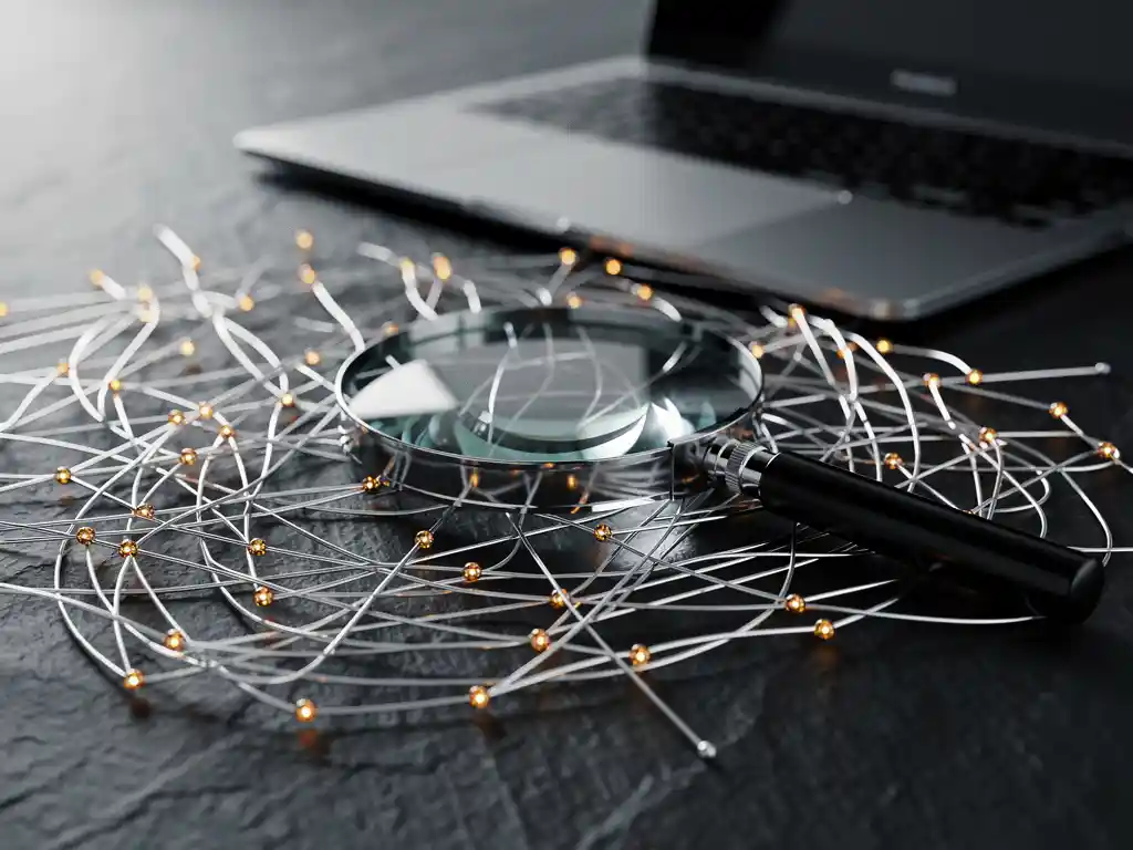 Magnifying glass on a silver thread network with glowing amber data nodes on dark slate, laptop blurred in background.