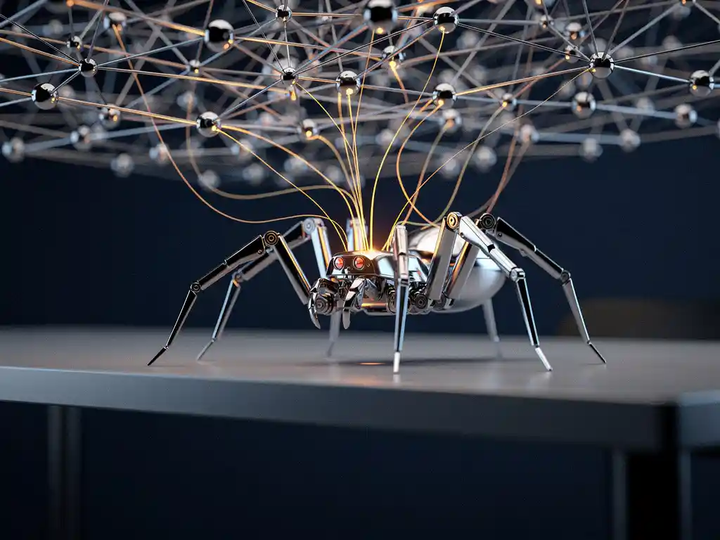 Chrome mechanical spider extracting glowing amber data threads from a luminous node network above a modern desk.
