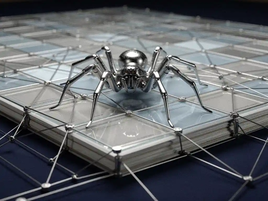 mechanical-spider-web-crawler-grid.jpg Chrome mechanical spider crawling across stacked web pages connected by metallic threads, illustrating automated web crawling technology.