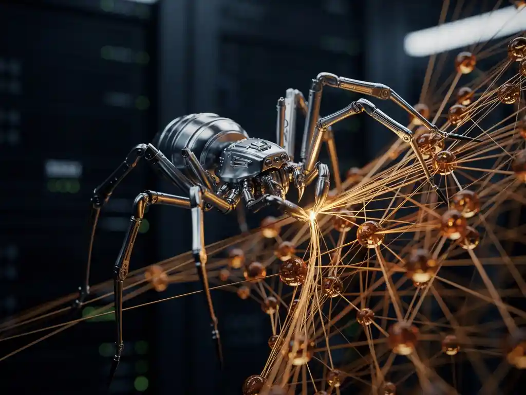 Chrome mechanical spider extracting glowing amber data threads from an interconnected node web above a dark server room.