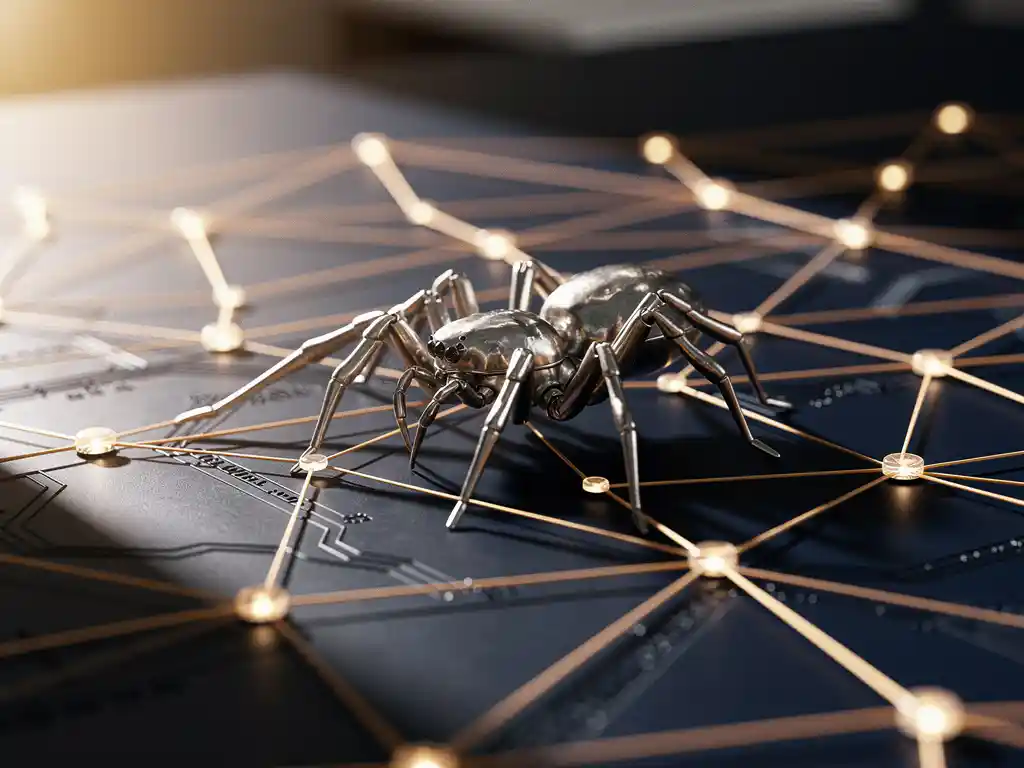 Polished steel mechanical spider crawling across a glowing amber data web on a dark desk, dramatic side lighting with sharp shadows.