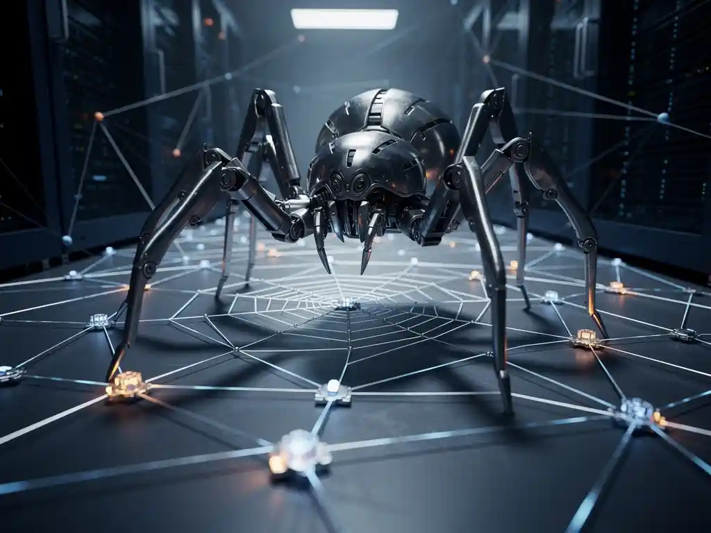 Steel mechanical spider crawling across a glowing web of interconnected data nodes in a dark server room with blue and amber lighting.