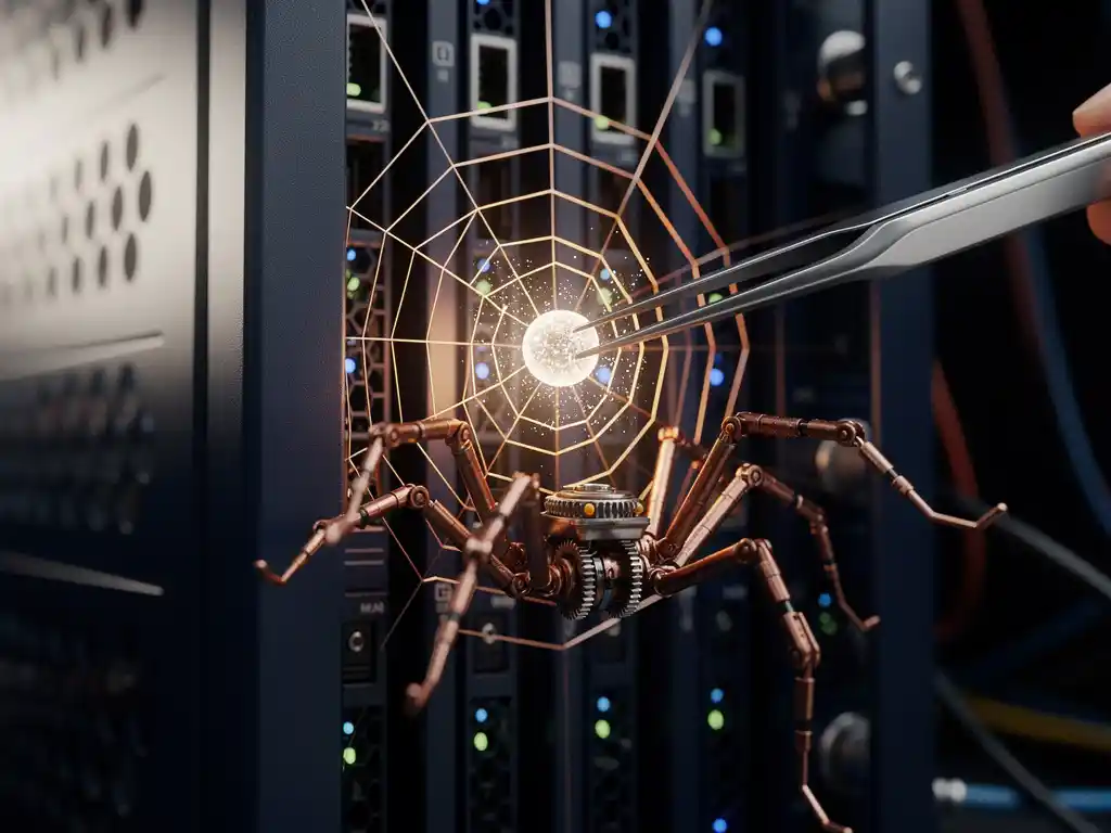 Mechanical copper spider weaving a luminous data web across a glowing server rack while a surgical tool extracts a single node.
