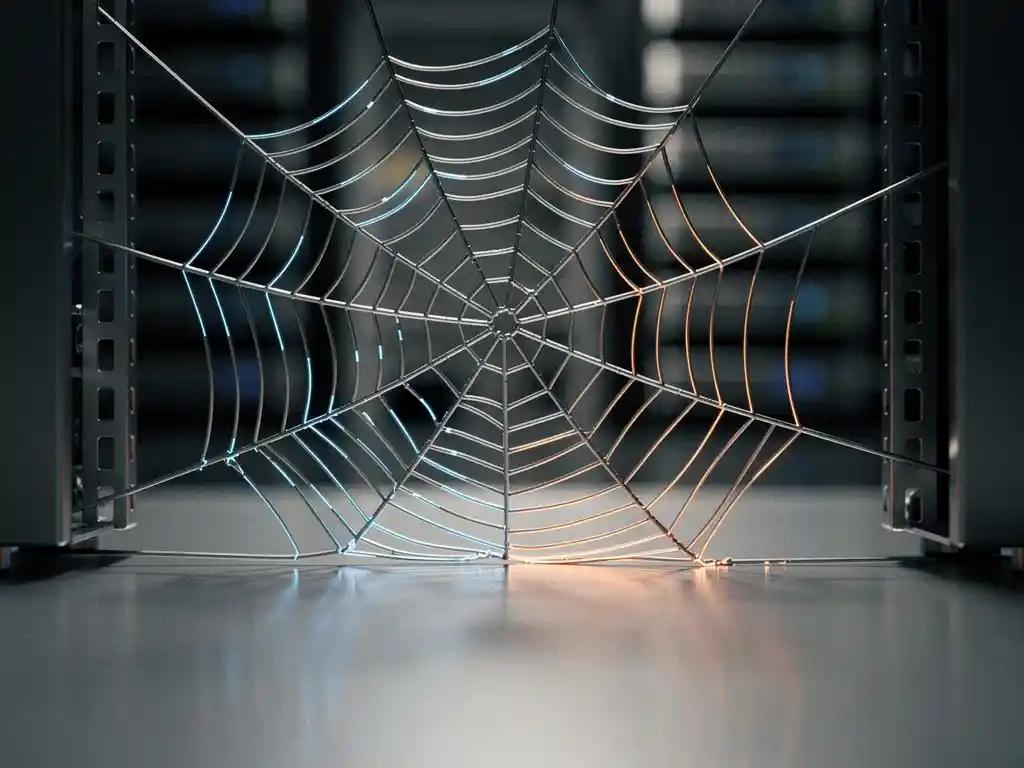 Metallic spider web glowing with amber and blue light stretched between server rack panels, macro photography with soft bokeh background.