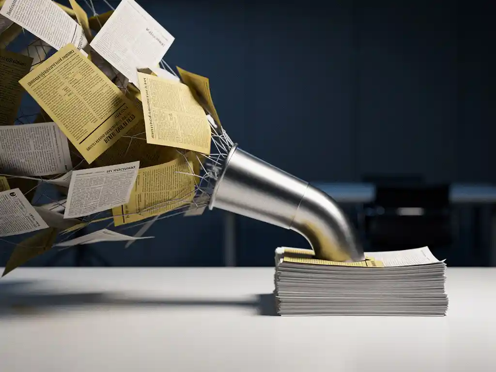 Tangled newspaper clippings funneled through a metallic pipe into a neat stack on a white desk, scattered pages mid-flight, navy and newsprint yellow tones.
