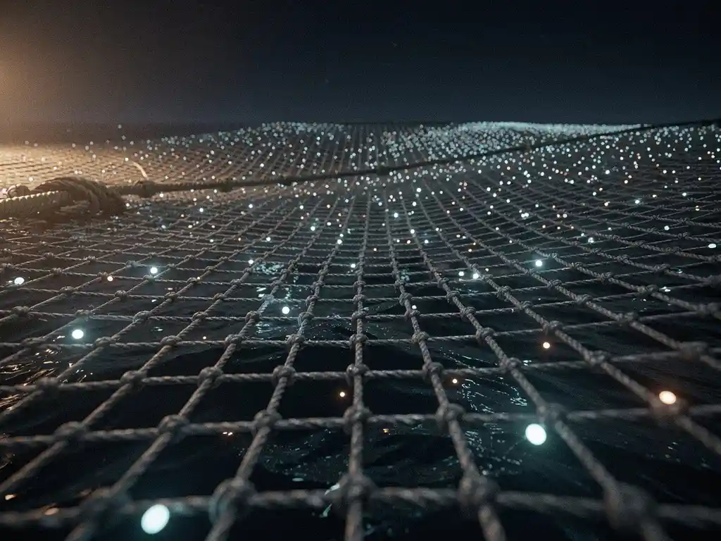 Vast industrial fishing net suspended over a dark ocean at night, thousands of glowing data points caught in its mesh like bioluminescent plankton.