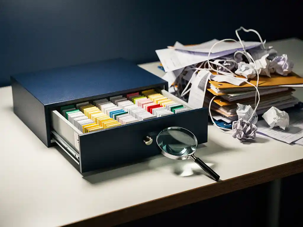 Magnifying glass on an open index card filing system with organized tabs, contrasting a chaotic pile of loose papers in a nearby folder.