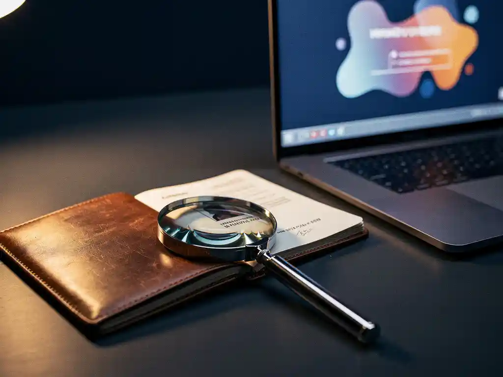 Open leather passport beside a laptop displaying a webpage, with a magnifying glass resting on top, symbolizing digital identity and web browsing.