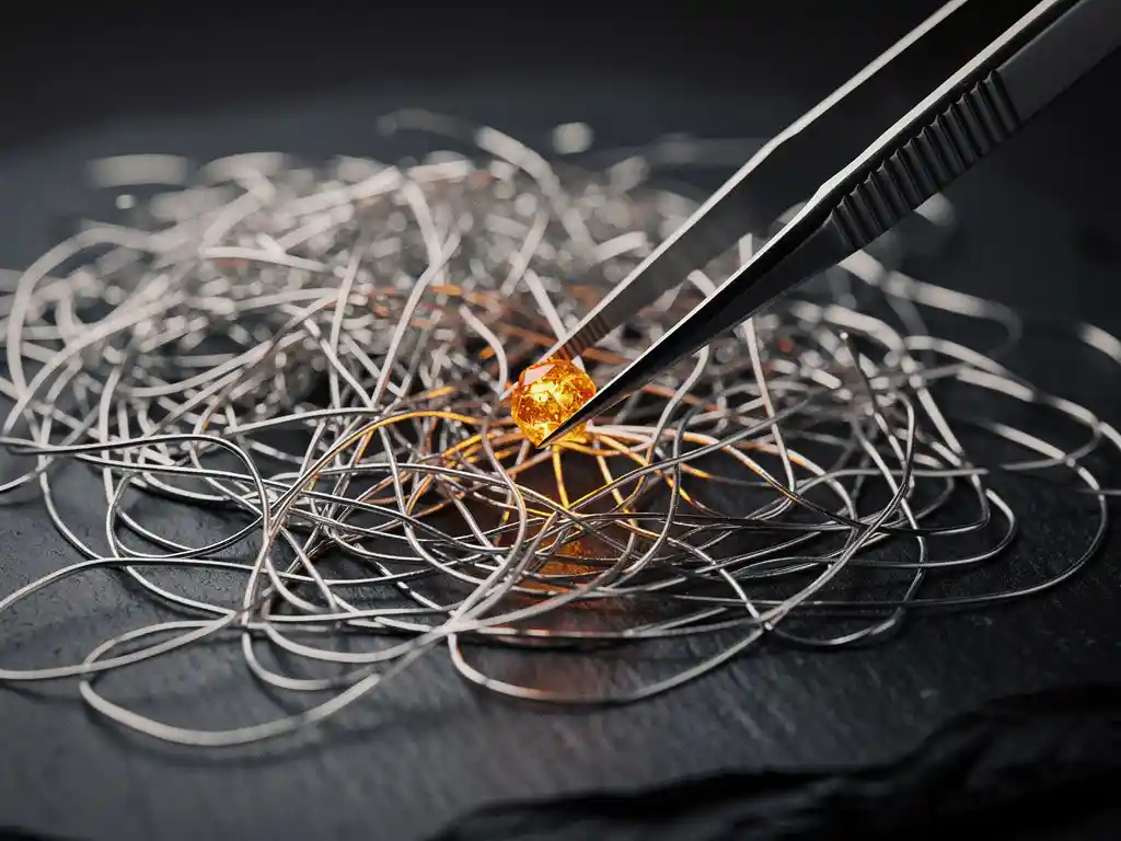 Metal tweezers extracting a glowing amber data node from a tangled silver thread network on a dark slate surface.
