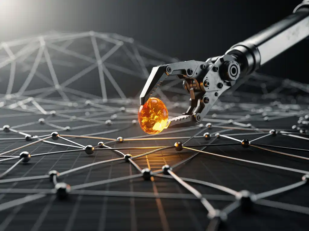 Mechanical claw arm precisely extracting a glowing amber node from a silver interconnected web on a dark grid surface.