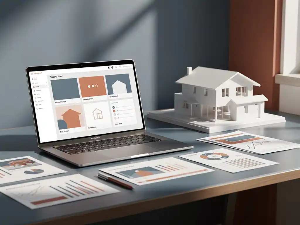 property-listing-dashboard-laptop-desk.jpg Laptop showing property listing dashboard on a modern desk beside a miniature house model and scattered real estate data printouts.