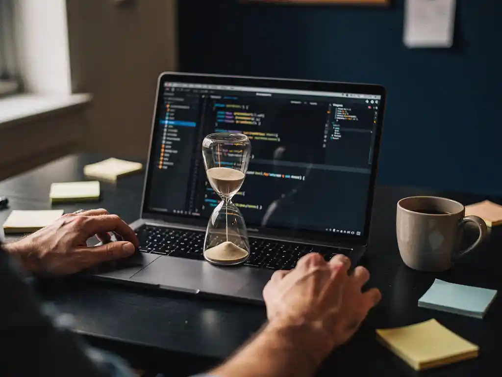 Developer's hands near a laptop showing Python code, with a sand hourglass on the keyboard, sticky notes, and coffee mug on a dark desk.