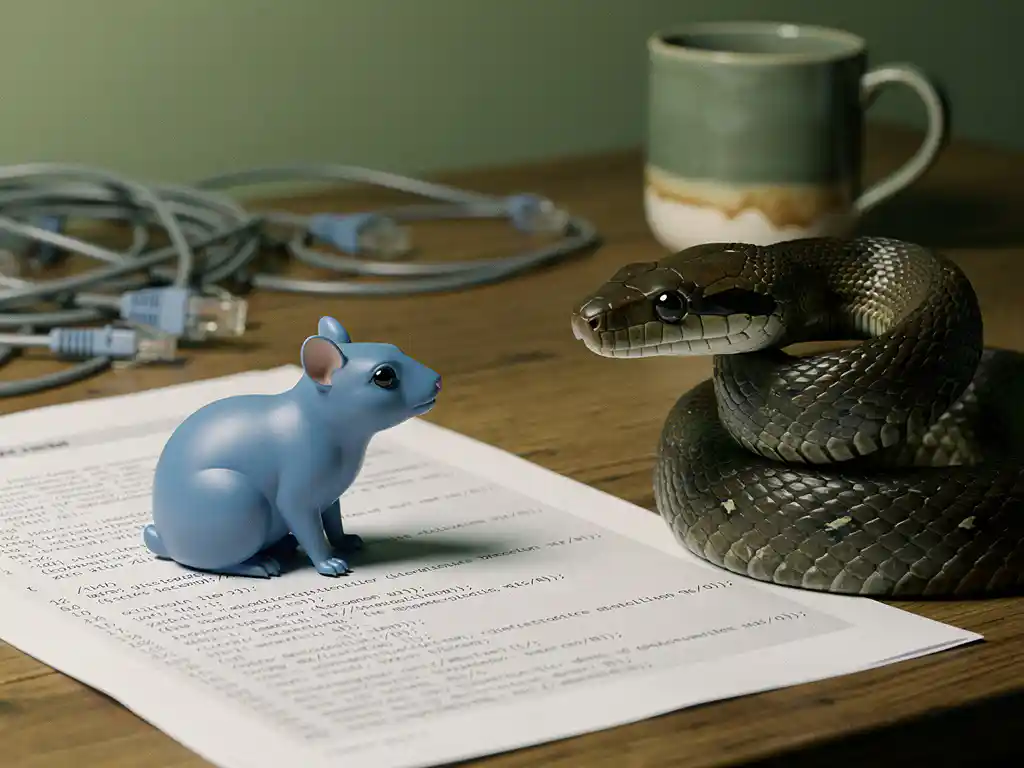 Coiled python snake and blue gopher figurine facing off on a developer's desk with tangled ethernet cables and printed HTML code sheets.