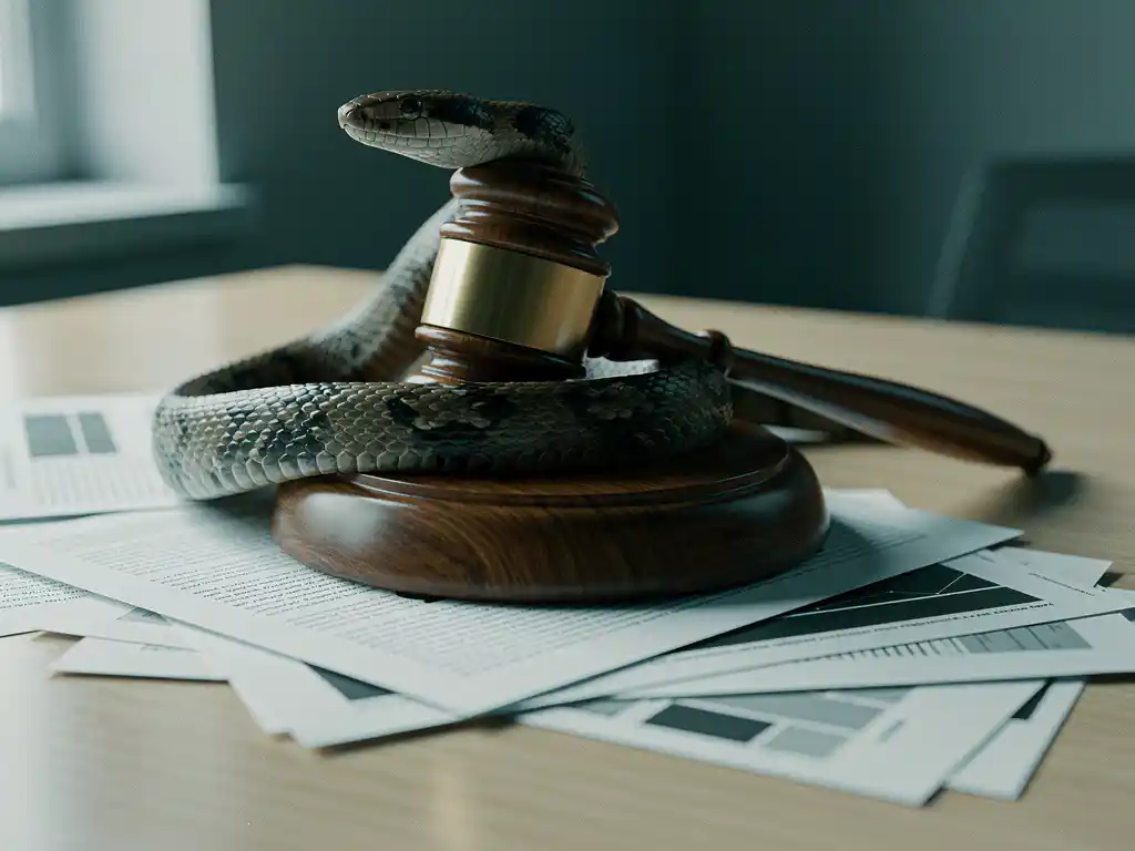 Python snake coiled around a wooden gavel on a desk, with printed web pages fanned beneath, in warm amber and teal tones.