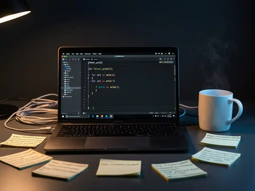 Python script on a dark-mode laptop surrounded by URL-pattern sticky notes, coffee mug, and tangled ethernet cables on a minimal desk.