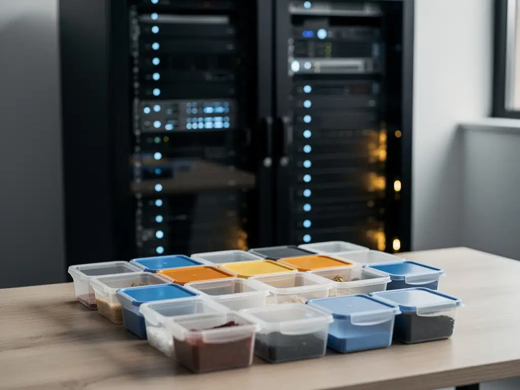 data-storage-server-rack-organized.jpg Modern server rack with glowing status lights behind a developer's desk organized with labeled data storage containers in steel blue and amber tones.