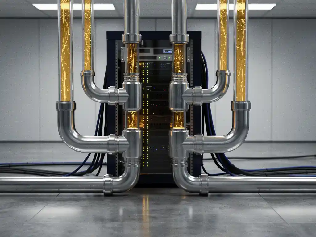 Metallic pipes and connectors linking into a server rack with amber liquid flowing through transparent tubing in an industrial tech environment.