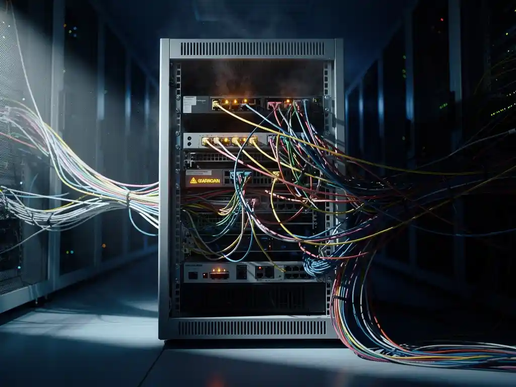 Server rack with amber warning lights in a dark data center, tangled ethernet cables under dramatic side lighting.