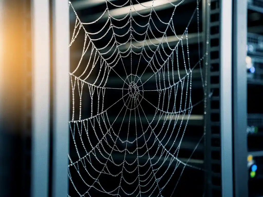 spider-web-server-rack-dew.jpg Dew-covered spider web stretched between server rack panels, water droplets catching light in steel-blue and amber tones, macro shot.